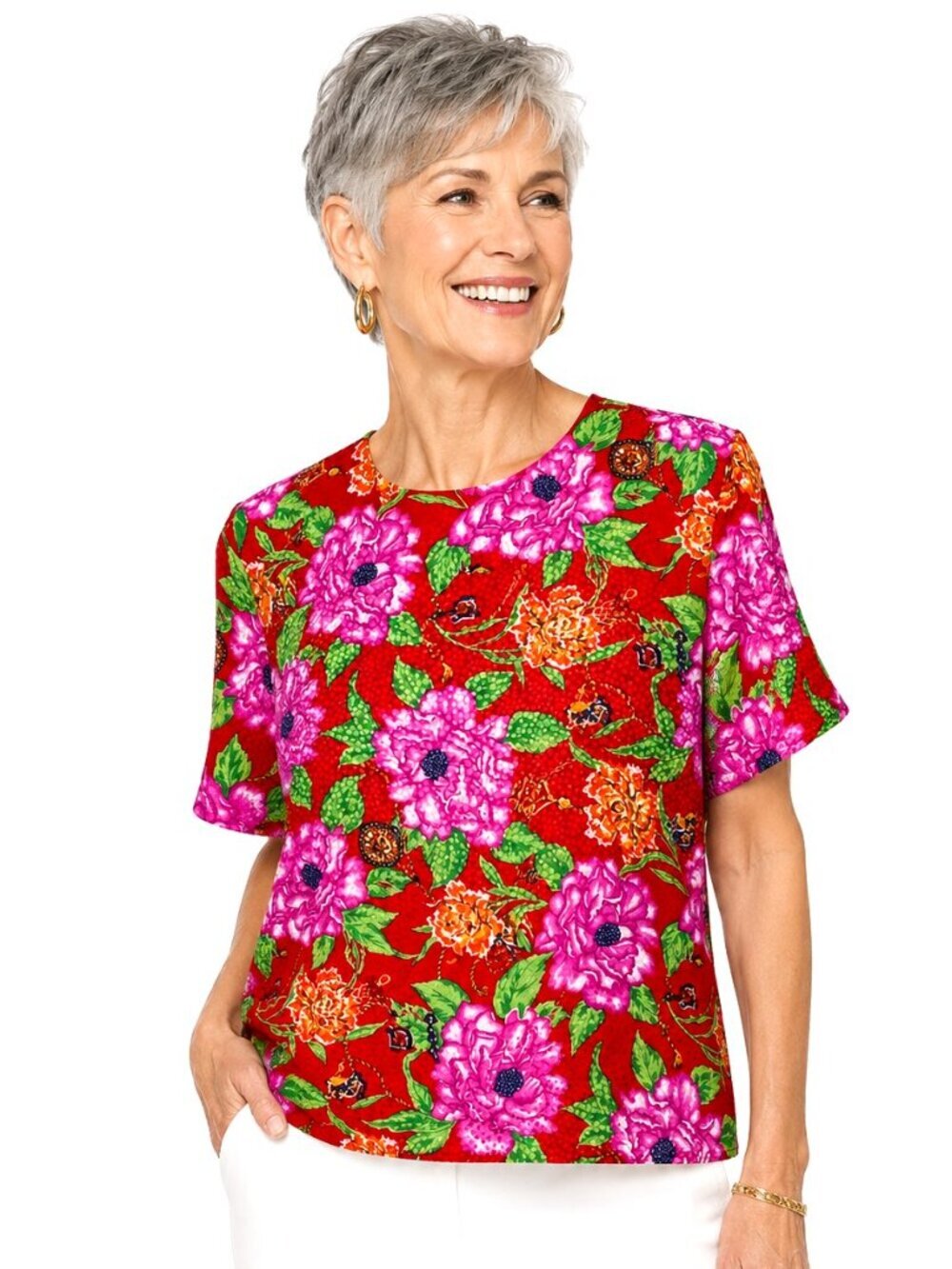 Vintage Anna Kriste Petite Red Floral Jacquard Short Sleeve Top